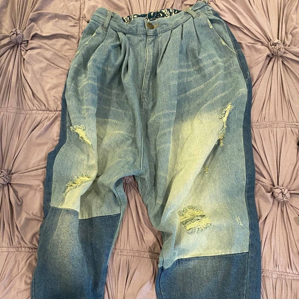 Low-slung, slouchy w/Zip fly,buttonclose, back elas band,distress MP influenced